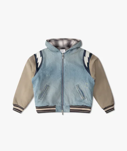 LIGHTNING DENIM HOODED VARSITY JACKET