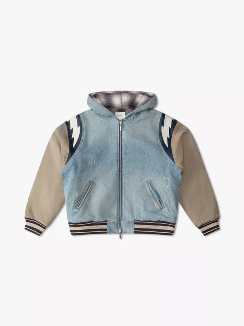 LIGHTNING DENIM HOODED VARSITY JACKET