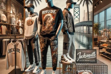 A stylish image for a blog on where to find Rhude clothing in Jacksonville, Florida. The scene includes Rhude-inspired streetwear fashion, with items