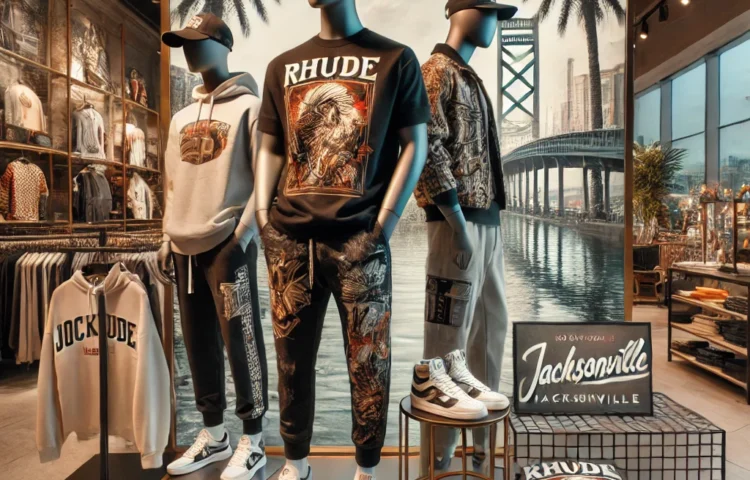 A stylish image for a blog on where to find Rhude clothing in Jacksonville, Florida. The scene includes Rhude-inspired streetwear fashion, with items