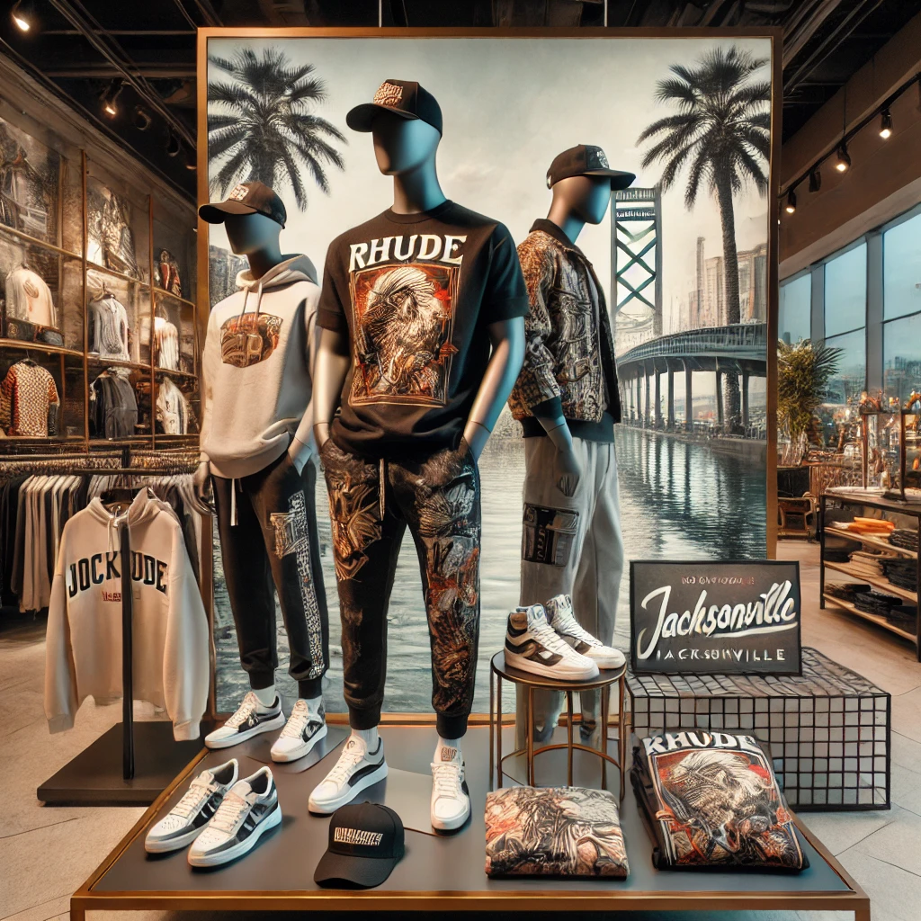 A stylish image for a blog on where to find Rhude clothing in Jacksonville, Florida. The scene includes Rhude-inspired streetwear fashion, with items